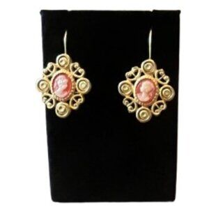 Vintage Inspired Filigree Round Cameo Drop Earrings - LNC
